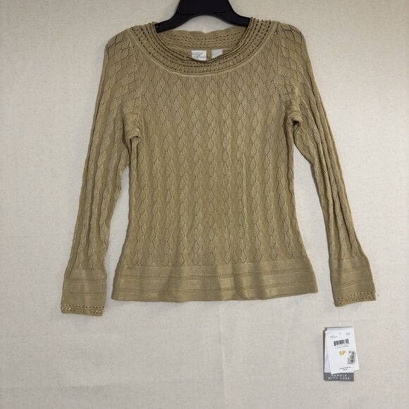 Emma James crochet knit top size small petite tan beaded bell cuff NWT New - Picture 1 of 7